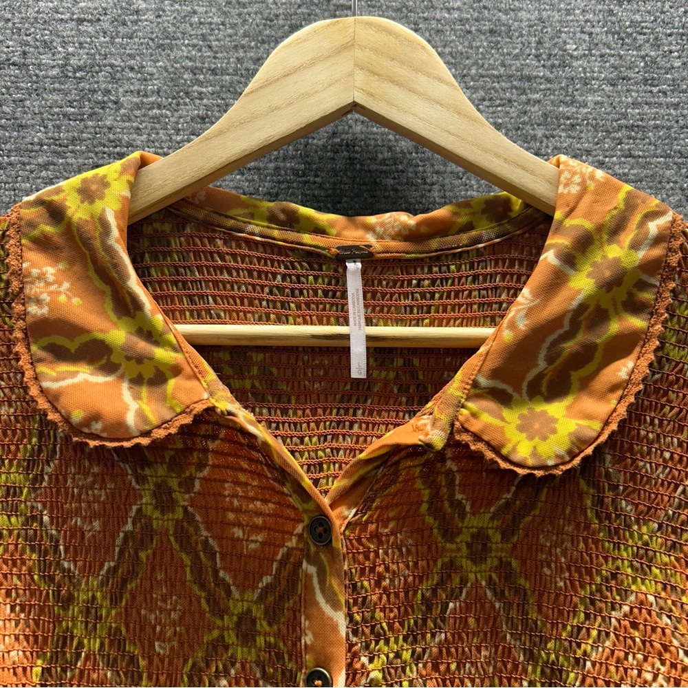 Free People Button-Down Blouse Shirt Orange & Brown Fall Season Size Medium - Picture 4 of 11